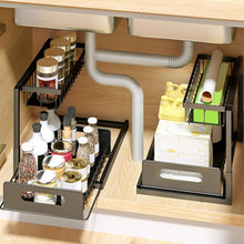 2-Tier Under Sink Sliding Organizer Rack, Pull-Out Storage Shelf with Upper Basket, Metal Frame, Smooth Slide Rails, Space-Saving Cabinet Organizer for Kitchen, Bathroom & Pantry – Black