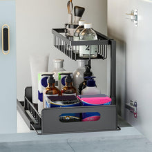 2-Tier Under Sink Sliding Organizer Rack, Pull-Out Storage Shelf with Upper Basket, Metal Frame, Smooth Slide Rails, Space-Saving Cabinet Organizer for Kitchen, Bathroom & Pantry – Black