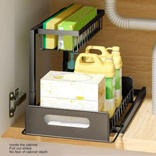 2-Tier Under Sink Sliding Organizer Rack, Pull-Out Storage Shelf with Upper Basket, Metal Frame, Smooth Slide Rails, Space-Saving Cabinet Organizer for Kitchen, Bathroom & Pantry – Black