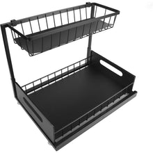 2-Tier Under Sink Sliding Organizer Rack, Pull-Out Storage Shelf with Upper Basket, Metal Frame, Smooth Slide Rails, Space-Saving Cabinet Organizer for Kitchen, Bathroom & Pantry – Black