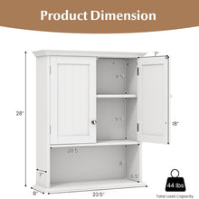 Wall Mounted Bathroom Cabinet with Double Doors and Open Shelf, Adjustable Shelves, Magnetic Door Catch, MDF Wood Storage Organizer for Bathroom, Kitchen, or Living Room – White, 23.5”W x 8”D x 28”H