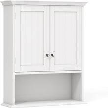 Wall Mounted Bathroom Cabinet with Double Doors and Open Shelf, Adjustable Shelves, Magnetic Door Catch, MDF Wood Storage Organizer for Bathroom, Kitchen, or Living Room – White, 23.5”W x 8”D x 28”H