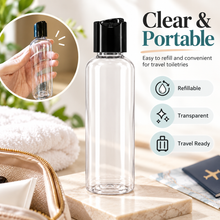 Clear Plastic Travel Bottle with Black Flip Top Cap – Empty Refillable Toiletry Container