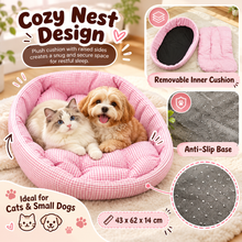 Pink Gingham Pet Bed with Removable Cushion & Non-Slip Bottom – 43 × 62 × 14 cm