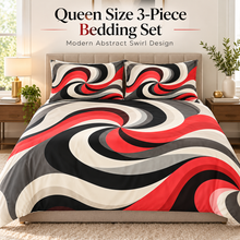 Queen Size 3-Piece Bedding Set – Abstract Red Black Grey Swirl Design with 2 Pillowcases