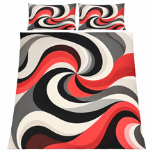 Queen Size 3-Piece Bedding Set – Abstract Red Black Grey Swirl Design with 2 Pillowcases