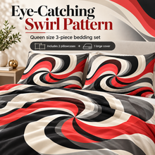 Queen Size 3-Piece Bedding Set – Abstract Red Black Grey Swirl Design with 2 Pillowcases