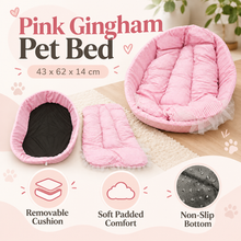 Pink Gingham Pet Bed with Removable Cushion & Non-Slip Bottom – 43 × 62 × 14 cm