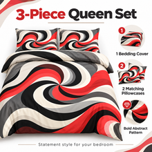 Queen Size 3-Piece Bedding Set – Abstract Red Black Grey Swirl Design with 2 Pillowcases