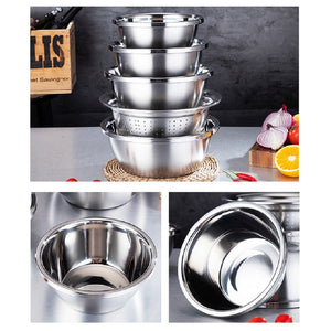 5PC Stainless Steel Basin Set Colander Baking Mixing Bowls Household Kitchen Food Organizer 18-26cm