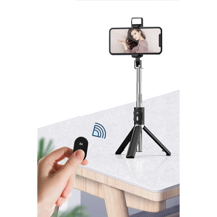 P60D Extendable Tripod 360° Rotation Portable Mobile Phone Selfie Stick with Bluetooth Remote, Filler Light - Black