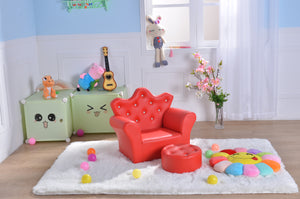Kids Children Diamond Crown PU Leather Sofa Set with Footstool - Red - MSF15