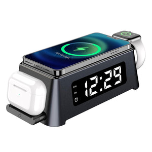 4-in-1 Wireless Charging Station with LED Digital Alarm Clock for iPhone, Airpods, Apple Watch